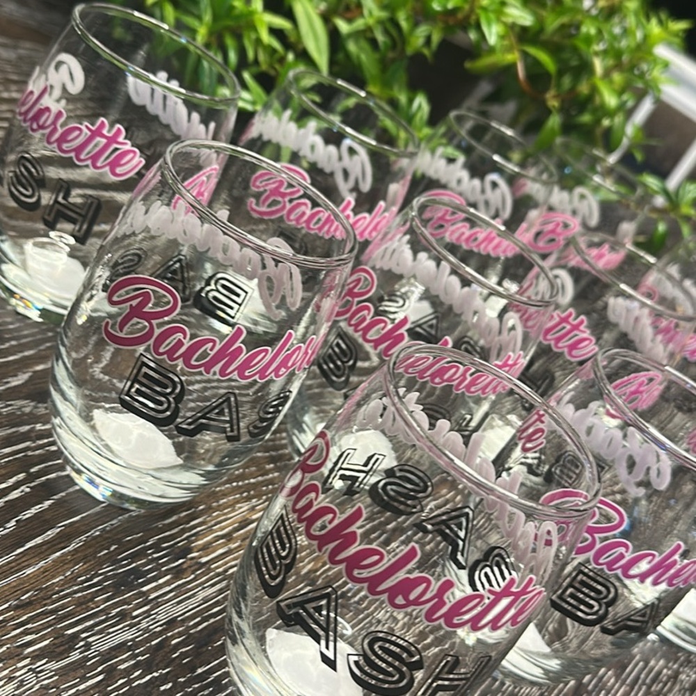 Bachelorette stemless wine glasses, one bride balloon,banner & prop glasses